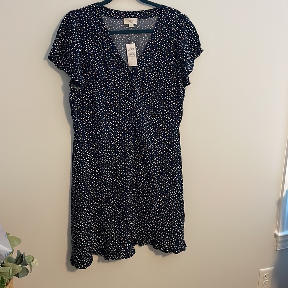 LOFT NWT Dotted button down dress- Navy Blue- Size 12